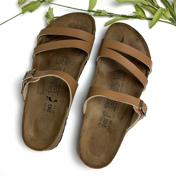 BIRKENSTOCK BIRKI'S Size 38 (7) Sandals Tan Brown Leather Rhinestone Buckle - Picture 2 of 12
